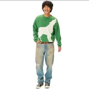NWOT Urban Outfitters Wolf Crew Neck Sweater Medium Green Beige